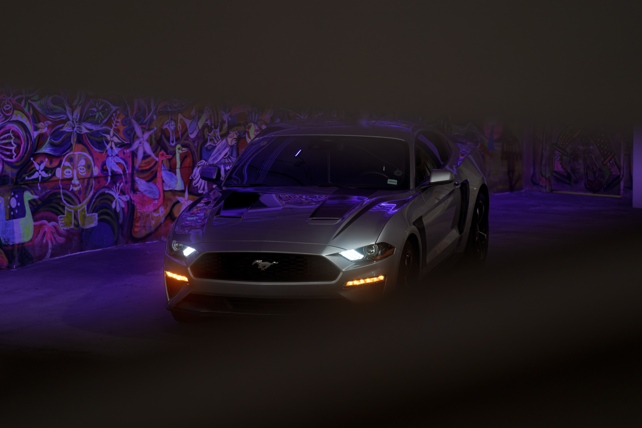 Mustang lit with purple ambient light at night
